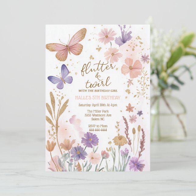 Invitación Cumpleaños de las mariposas, mariposa mágica de cu (Anverso de pie)