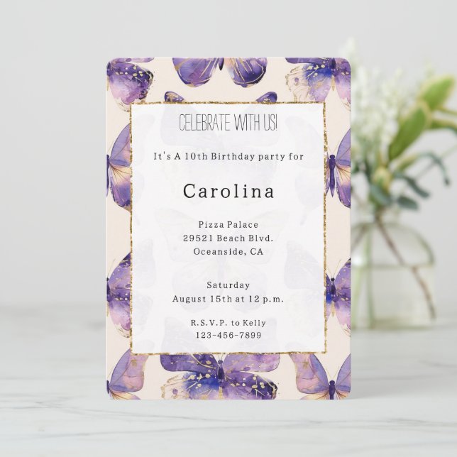 Invitación Cumpleaños de las mariposas Purple Gold (Anverso de pie)