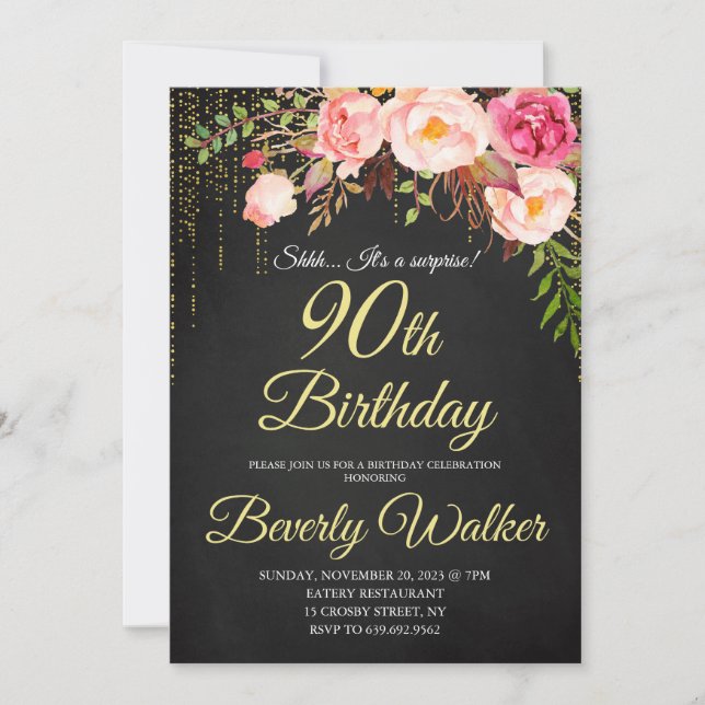 Invitación Cumpleaños de las mujeres florales de sorpresas 90 (Anverso)