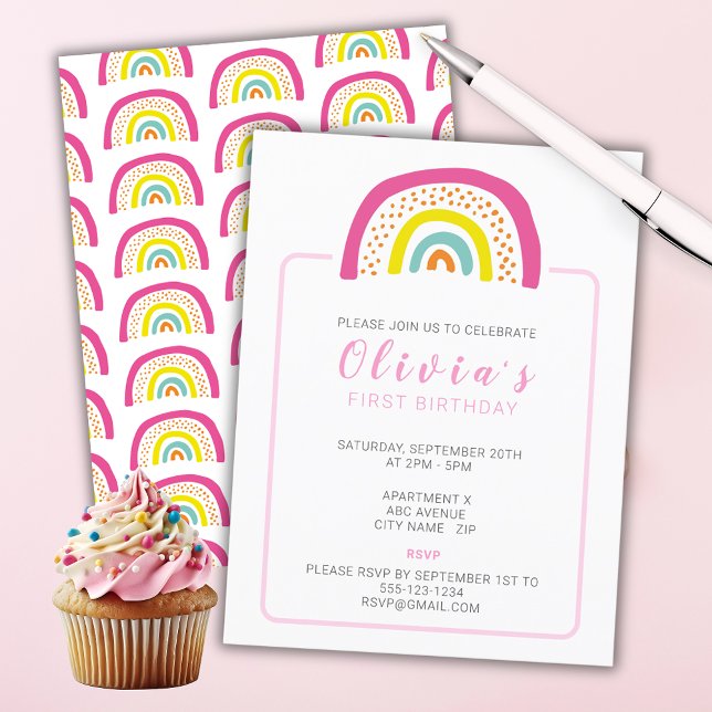 Invitación Cumpleaños de las Niñas Arcoíris por Primera Vez (Colorful Rainbow Girls Birthday party invitation with rainbow pattern to reverse. )