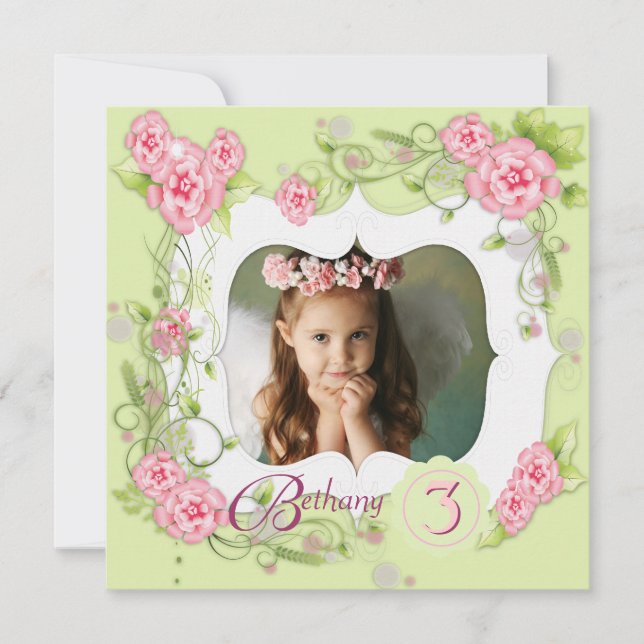 Invitación Cumpleaños de las Niñas de la Rosa Verde Rosa 3er (Anverso)