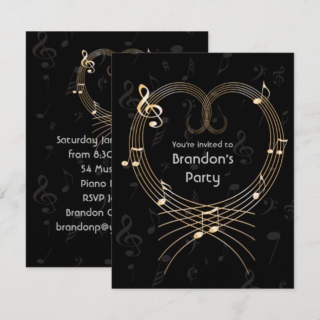 Invitación Cumpleaños de las notas musicales del Golden Heart (Anverso / Reverso)