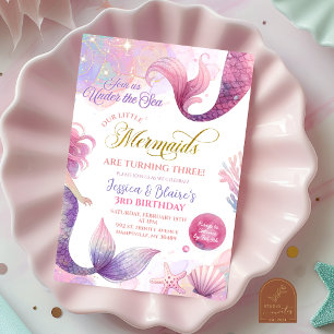 Invitación Cumpleaños de las pequeñas mellizas sirenas rosa y