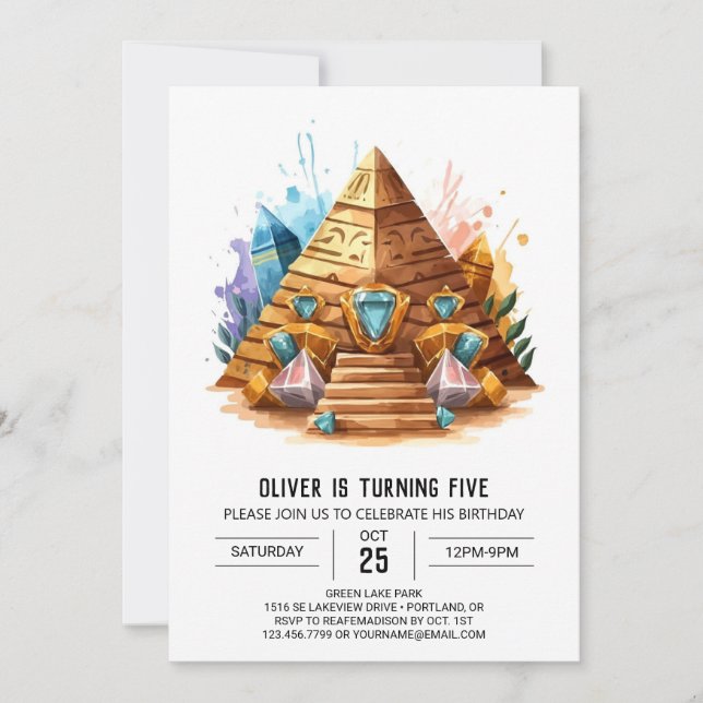 Invitación Cumpleaños de las Pirámides egipcias editables en  (Anverso)