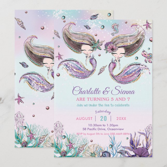 Invitación Cumpleaños de las sirenas bajo el mar (Anverso / Reverso)