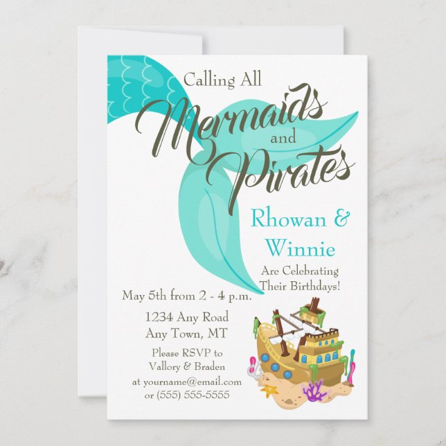 Invitación Cumpleaños de las Sirenas y los Piratas (Anverso)