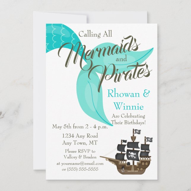 Invitación Cumpleaños de las Sirenas y los Piratas (Anverso)