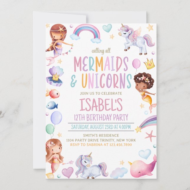 Invitación Cumpleaños de las Sirenas y Unicornios (Anverso)