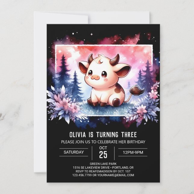 Invitación Cumpleaños de las vacas acuarelas en línea (Anverso)