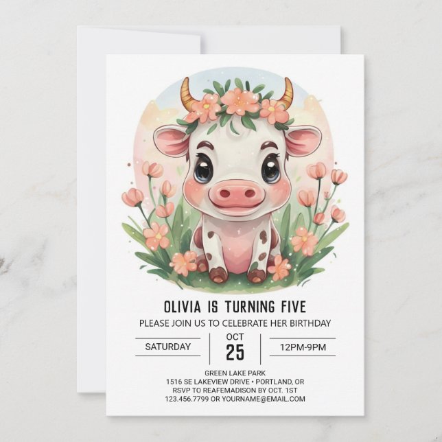 Invitación Cumpleaños de las Vacas Modernas Girly Bohemian (Anverso)