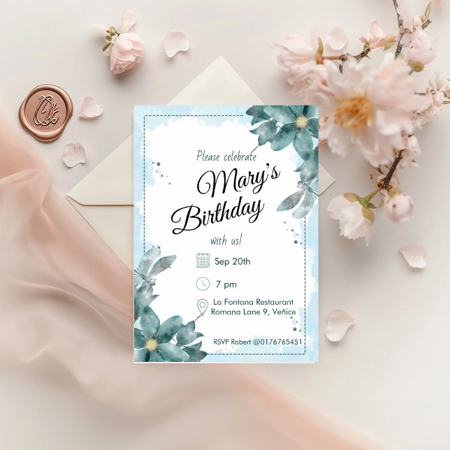 Invitación Cumpleaños de las verde azuladas Flores de Agua (Subido por el creador)
