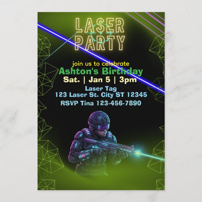 Invitación Cumpleaños de Laser Tag, Neon y Negro (Anverso)