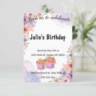 Invitación cumpleaños de lavanda de teapot floral