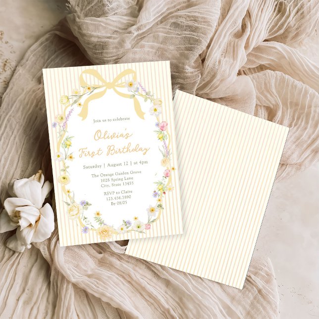 Invitación Cumpleaños de lazo amarillo con rayas florales (Subido por el creador)