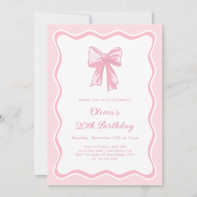 Invitación Cumpleaños de lazo coquette rosa (Anverso)