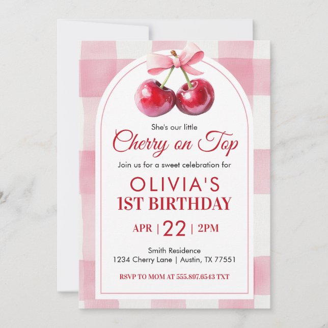 Invitación Cumpleaños de lazo de cereza Cumpleaños de cereza  (Anverso)