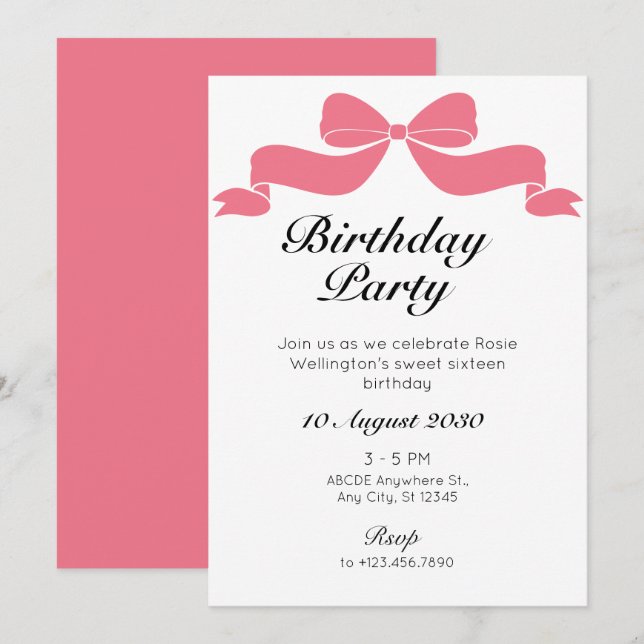 Invitación cumpleaños de lazo de corbata dulce rosa (Anverso / Reverso)