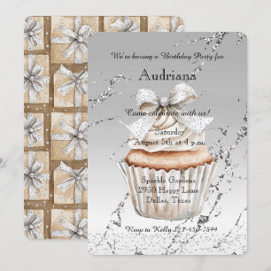 Invitación Cumpleaños de lazo de magdalena blanca plateada Gl