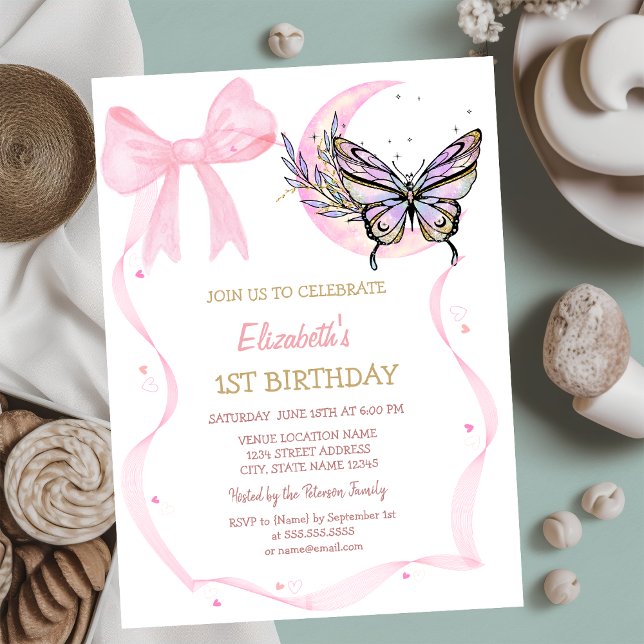 Invitación Cumpleaños de lazo de mariposa lunar rayado (Subido por el creador)