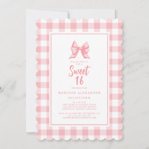 Invitación Cumpleaños de lazo lindo rosa pastel y cuadros bla
