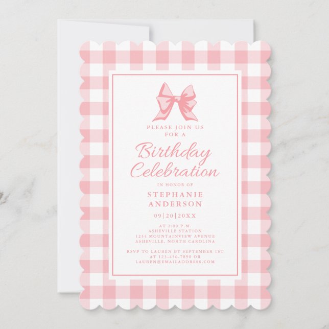 Invitación Cumpleaños de lazo lindo rosa pastel y cuadros bla (Anverso)