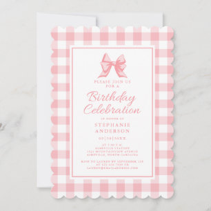 Invitación Cumpleaños de lazo lindo rosa pastel y cuadros bla