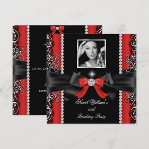 Invitación Cumpleaños de Lazo Rojo Foto Negra Plateada