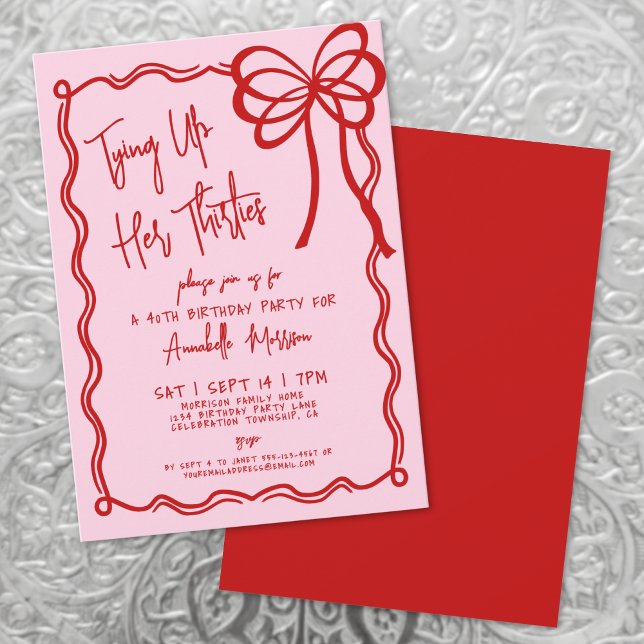 Invitación Cumpleaños de lazo rosa dibujado a mano (Hand Drawn Pink Bow Birthday Party Invitation)