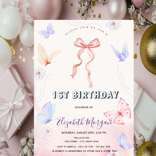 Invitación Cumpleaños de lazo rosa flores mariposas rayadas