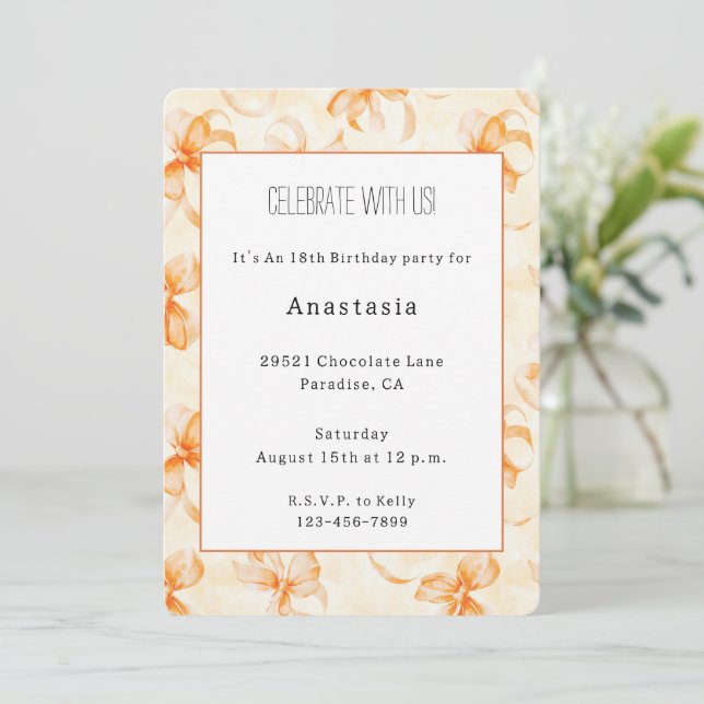 Invitación Cumpleaños de lazos naranjas (Anverso de pie)