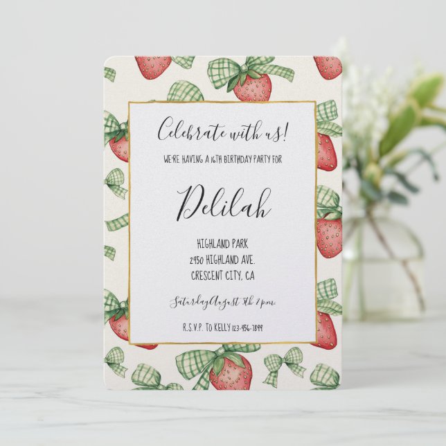 Invitación Cumpleaños de lazos verdes de fresa (Anverso de pie)