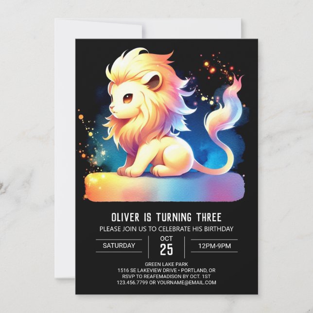 Invitación Cumpleaños de León Mágico Cute (Anverso)