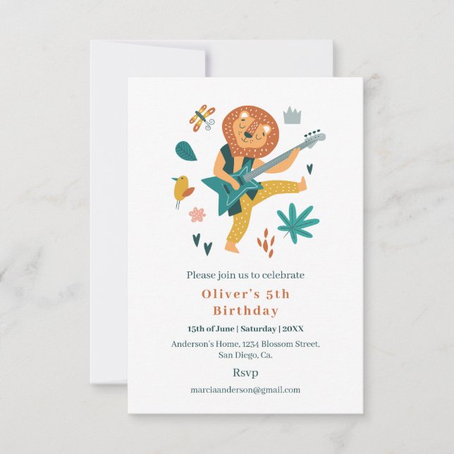 Invitación Cumpleaños de León y Guitarra personalizado (Anverso)