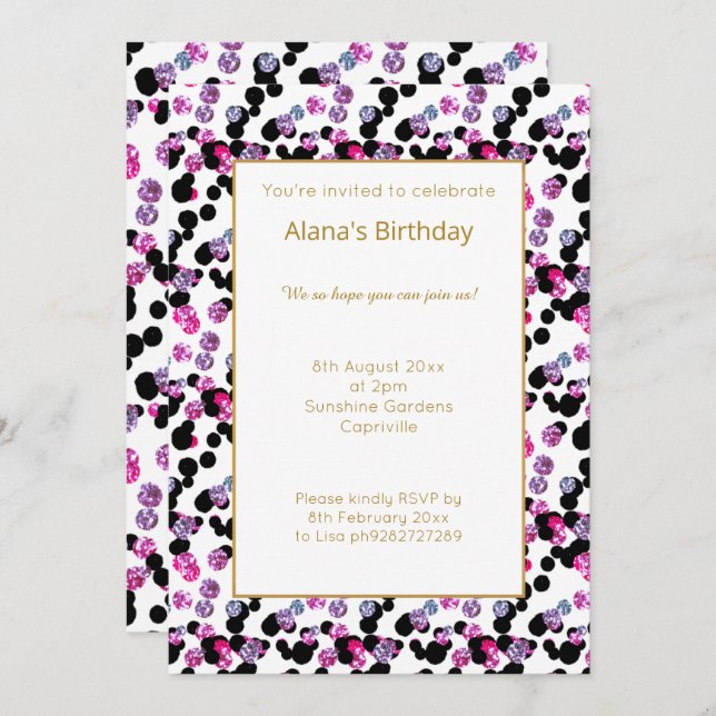 INVITACIÓN CUMPLEAÑOS DE LEOPARDO NEGRO PURPLE (Anverso / Reverso)