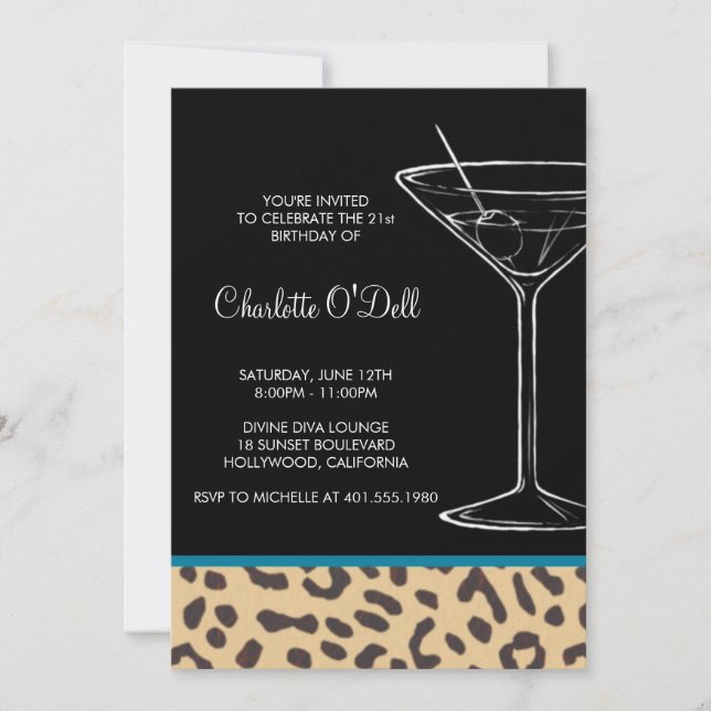 Invitación cumpleaños de leopardo print martini (Anverso)