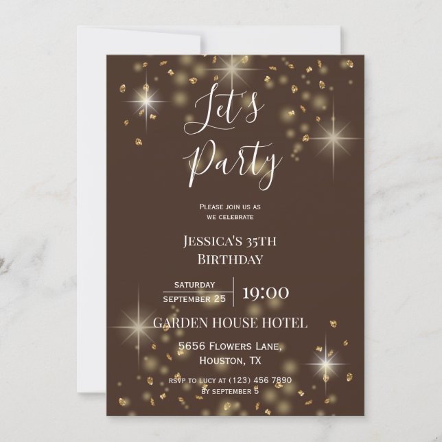 Invitación Cumpleaños de "Let's Fiesta" Purpurina y espuma (Anverso)