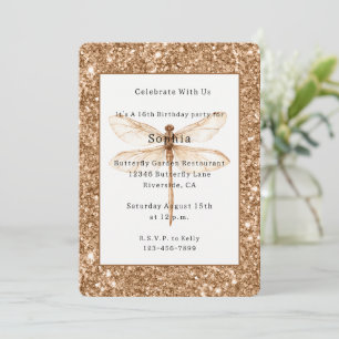 Invitación Cumpleaños de libélula blanca con brillo falso dor