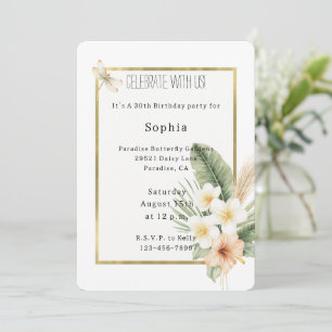 Invitación Cumpleaños de libélula floral blanca de melocotón 