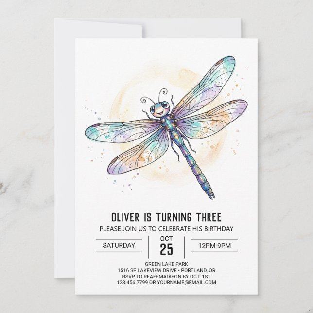 Invitación Cumpleaños de Libélula Irisada Azul (Anverso)