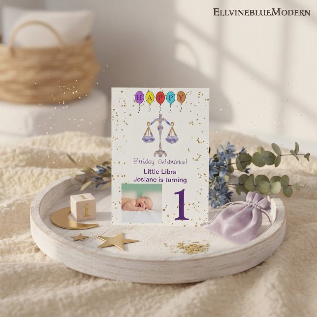 Invitación Cumpleaños de Libra con Foto y Oro & Globos (Libra 5” x 7” Photo Invite. Visit Libra Zodiac Birthday Party Collection for more items.)