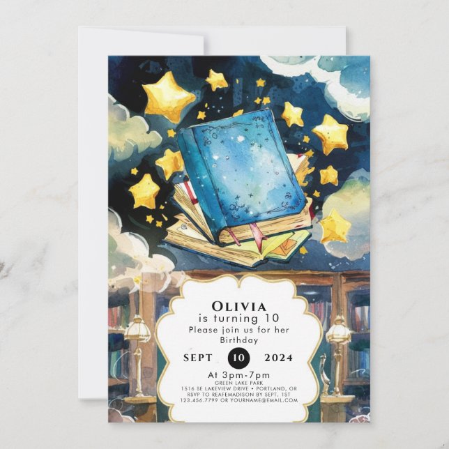Invitación Cumpleaños de libros de historias mágicas simples  (Anverso)