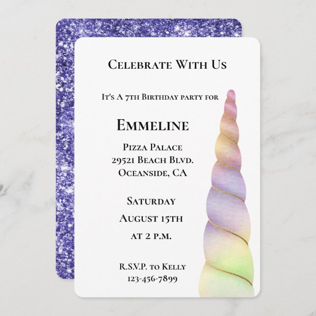Invitación Cumpleaños de Lime Unicorn, Purpurina Púrpura Dora (Anverso / Reverso)