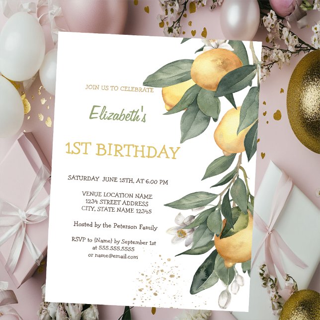 Invitación Cumpleaños de limones de acuarela a cuadros verdes (Subido por el creador)