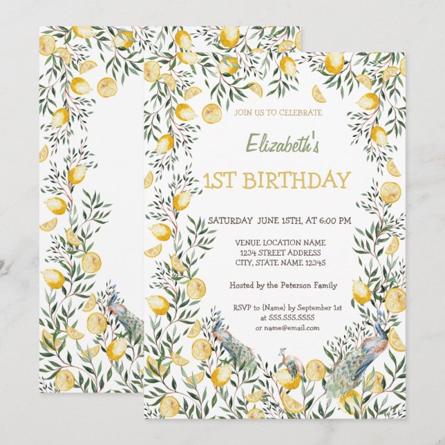 Invitación Cumpleaños de limones de acuarela Pavo real  (Anverso / Reverso)