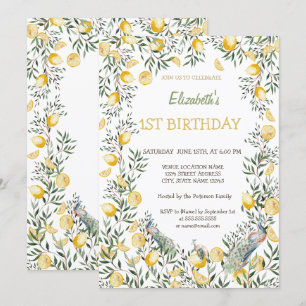 Invitación Cumpleaños de limones de acuarela Pavo real