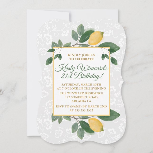 Invitación Cumpleaños de limones sicilianas acuarela (Anverso)