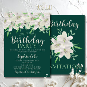 Invitación Cumpleaños de Lirio Blanco Elegante Floral Verde E