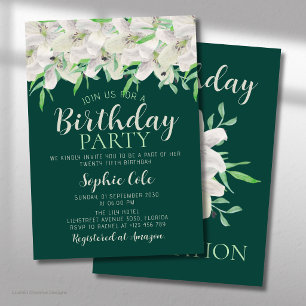 Invitación Cumpleaños de Lirio Blanco Elegante Floral Verde E