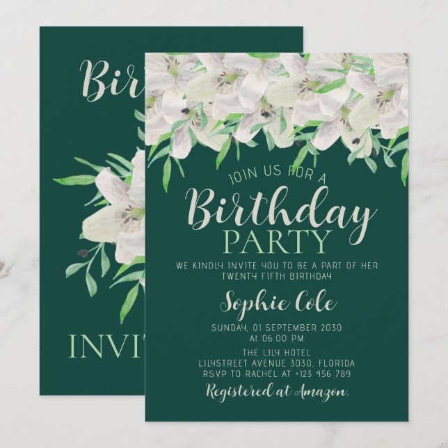 Invitación Cumpleaños de Lirio Blanco Elegante Floral Verde E (Anverso / Reverso)