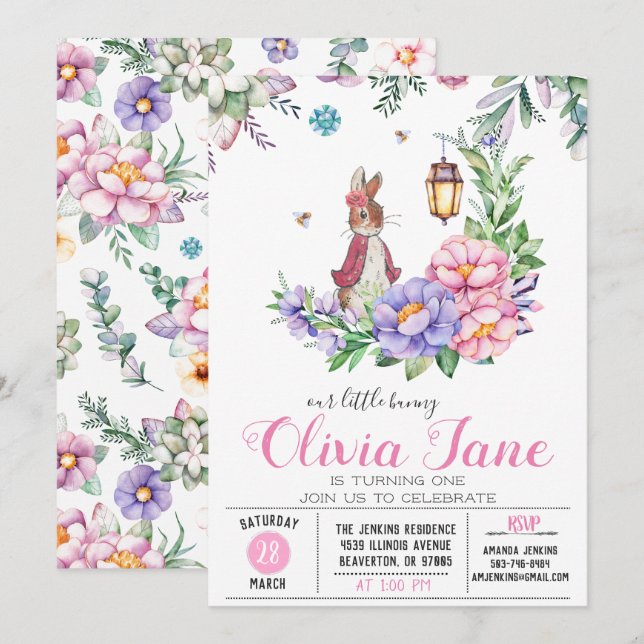 Invitación Cumpleaños de Little Bunny Spring (Anverso / Reverso)